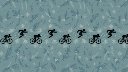 Cyclists and runners alternating on a winter themed background with snowflakes and pine branches design