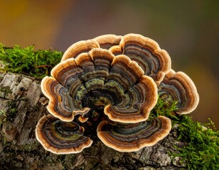 Closeup of a Colorful Bracket Fungus on a Tree Trunk.