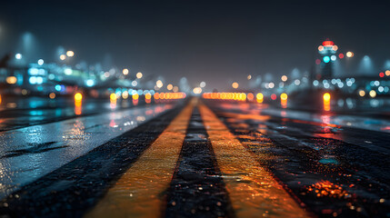 Close-up of runway lights with soft halo glow, polished tarmac reflecting colors, airport structures blurred in background, cinematic nighttime feel