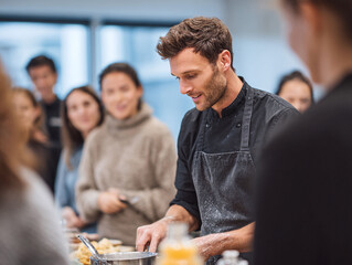 Chef teaching a cooking class. Focus on learning, education, and teamwork. Demonstrates food preparation, skill, and culinary arts. Suitable for restaurant or education websites.