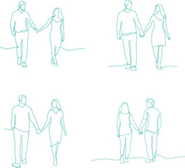Couple holding hands walking together sketch and Continuous line drawing
