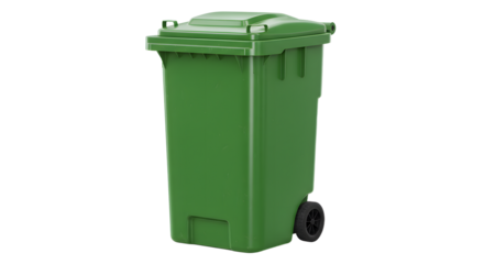 Green outdoor wheelie bin isolated on white background for waste disposal and recycling, perfect for environmental and sanitation themes