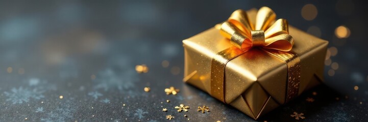 Elegantly wrapped present with gold snowflake paper , wrapping, holiday, holiday season