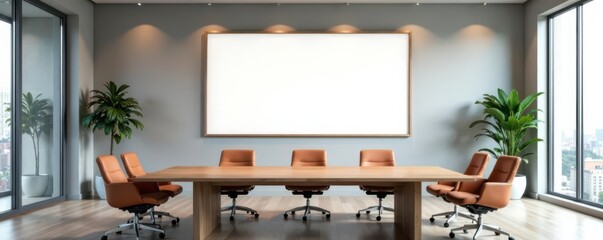 Empty conference room, large blank frame on wall, mockup, corporate