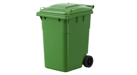 Green plastic wheeled trash bin with lid isolated on white background, perfect for waste management and recycling