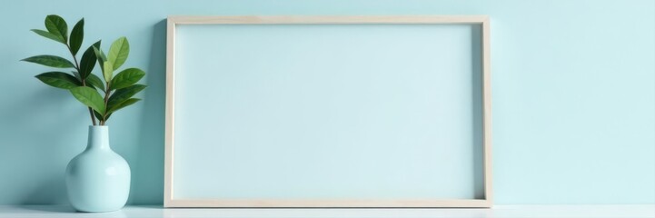 Empty frame mockup, pastel blue wall, minimalist decor, plant in vase , home, frame mockup