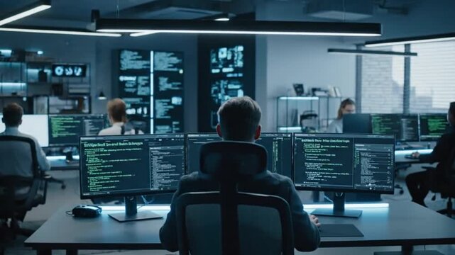Man coding on multiple monitors in a dark blue lit environment