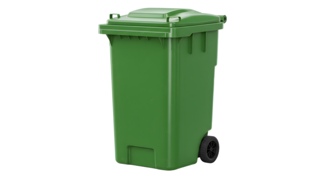 Green outdoor wheelie bin isolated on white background for waste disposal and recycling, perfect for environmental and sanitation themes