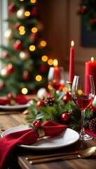 Festive Christmas table setting, selective focus on centerpiece , ornaments, cozy