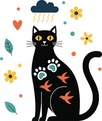 Black cat and mouse cartoon vector illustration