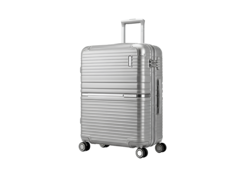 Silver Hard Shell Suitcase with Wheels on Transparent Background