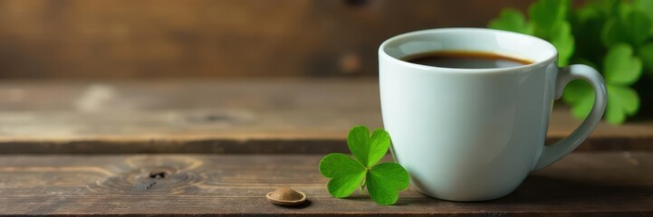 Green clover leaf beside a white coffee mug on rustic wood , hot, st patricks day, leaf