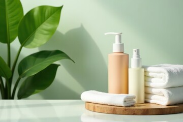 Green plant, cosmetics, cotton pads & towels, bathroom setting, bathroom, plant, elegant