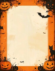 Vintage Halloween poster background with pumpkin orange beige tones and retro distressed effect