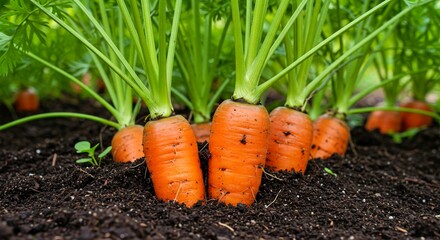 Vibrant Organic Carrots Growing in Rich Garden Soil Under Natural Sunlight