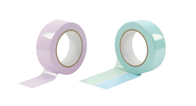 Pastel colored adhesive tape rolls in lavender and mint green with a glossy finish, perfect for crafting and gift wrapping