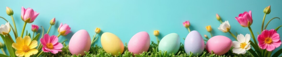 Fototapeta premium Pastel eggs nestled in vibrant spring blooms against a serene blue backdrop , blue, pastel, chick