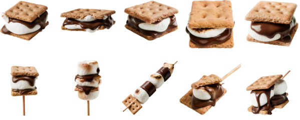 Close up of sweet chocolate and marshmallow s'mores with biscuits and melted toppings, delicious dessert snacks.