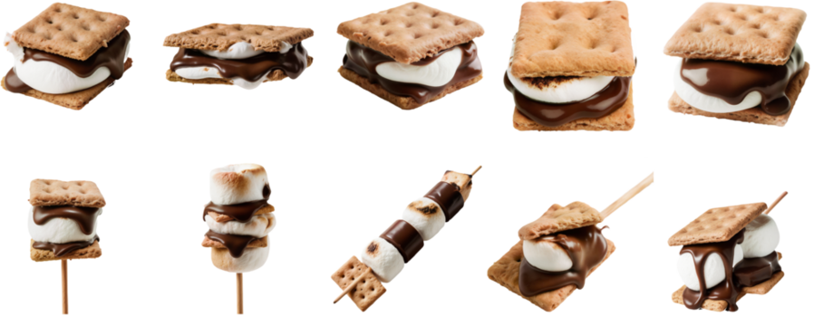 Close up of sweet chocolate and marshmallow s'mores with biscuits and melted toppings, delicious dessert snacks.