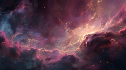 Naklejka premium Luxury cosmic storm background, vibrant swirling nebula with golden highlights and deep crimson tones, dramatic lightning across interstellar clouds, cinematic ultra-detailed textures, glowing star.