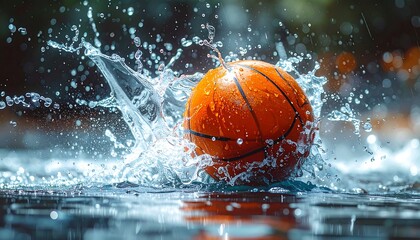 Basketball splashing into water creating a dynamic and energetic scene.