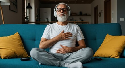Calm senior man meditating with wireless headphones on a blue sofa in a modern living room