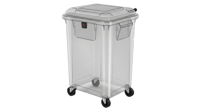 Transparent plastic trash bin with lid and wheels for easy mobility ideal for office and home organization