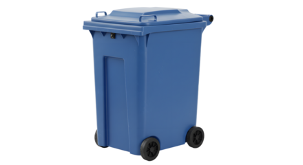 Blue plastic wheeled garbage bin isolated on white background for waste disposal and recycling use