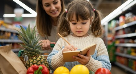 Young girl writing on a shopping list in a notebook with her mother in a grocery store