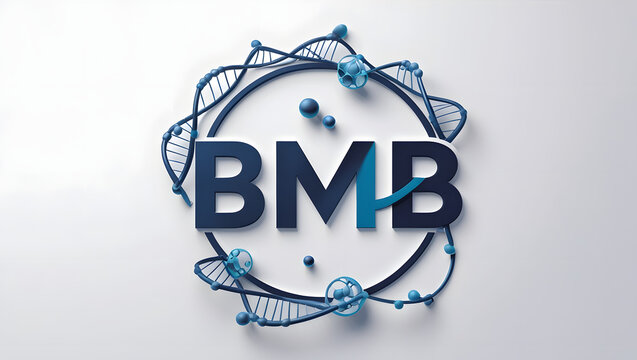 A 3d rendering of the letters bmb within a circular frame, surrounded by a dna helix and molecular structures, isolated on a white background