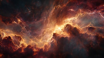 Fototapeta premium Luxury cosmic storm background, vibrant swirling nebula with golden highlights and deep crimson tones, dramatic lightning across interstellar clouds, cinematic ultra-detailed textures, glowing star.