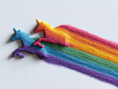 Whimsical image of two rainbowcolored unicorn figures made of textured material, suggesting creativity, imagination, dreams, or magical journeys. Great for positive, playful themes.