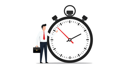 Businessman pointing at a large stopwatch flat vector illustration for time management and deadline concepts isolated on white background