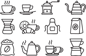 Vector icon set of 15 coffee essentials, bold dark outline, clean minimal stroke, white background, no color, no gradient, consistent line weight, professional modern icon pack.