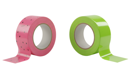 Two rolls of colored adhesive tape, one pink with black dots and one solid green, isolated on white background, perfect for crafting and packaging