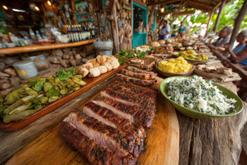 Obraz premium a vibrant table is filled with a variety of delicious dishes including grilled meats, vegetables, and sides, set in a rustic outdoor setting with people enjoying a meal