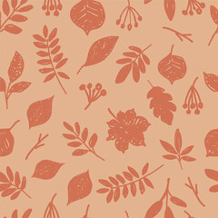 Seamless pattern with various autumn leaves and berries silhouettes. Botanical hand drawn illustration