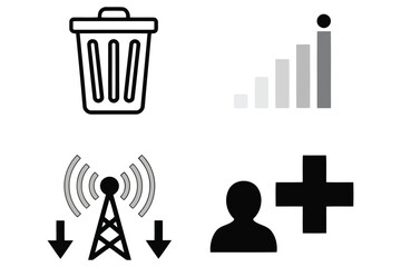 Vector art of collection of essential interface icons featuring a trash can, signal strength indicator, antenna tower with arrows, and an add user icon
