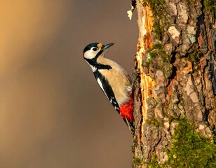 European Woodpecker Perched on Tree Trunk.