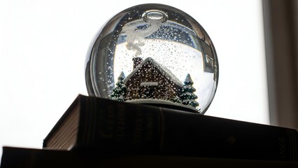 A snow globe with a cabin and trees inside, resting on top of stacked books, creating a wintery, cozy scene.