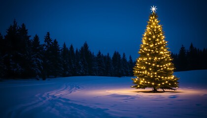 Lit Christmas Tree in Snowy Field with Forest Background at Night winter lights