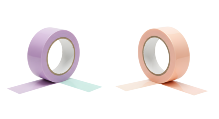 Two rolls of decorative pastel tape in purple and peach colors isolated on white background, perfect for crafting and DIY projects