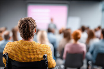 Fototapeta premium A man in a wheelchair with short hair sits attentively in a seminar, focusing on the speaker in front of a blurred audience in a modern setting