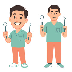 Two friendly cartoon male dentists in scrubs stand confidently, holding essential dental examination tools, ready to provide professional oral care.