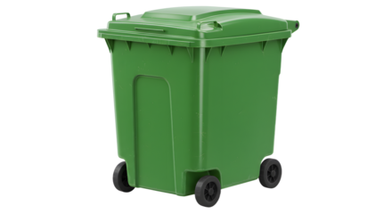 Green plastic outdoor garbage bin with wheels isolated on white background, perfect for waste management and recycling