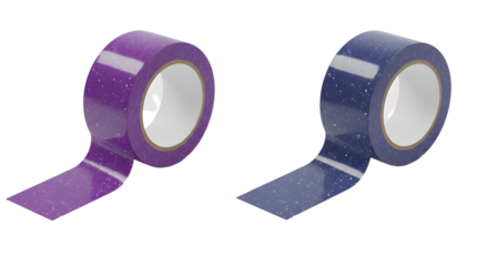 Two rolls of glittering adhesive tape in purple and blue colors on white background, perfect for crafts and decoration projects