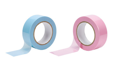Two rolls of pastel blue and pink adhesive tape isolated on white background, perfect for crafts and DIY projects
