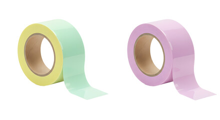 Pastel colored adhesive tape rolls in mint green and lavender isolated on white background, perfect for crafts and packaging