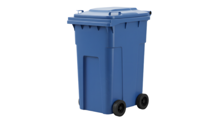 Blue wheeled garbage bin isolated on white background, eco-friendly waste container for recycling and trash disposal