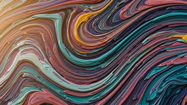 Swirling textures of mixed colorful paint create a layered abstract art piece.